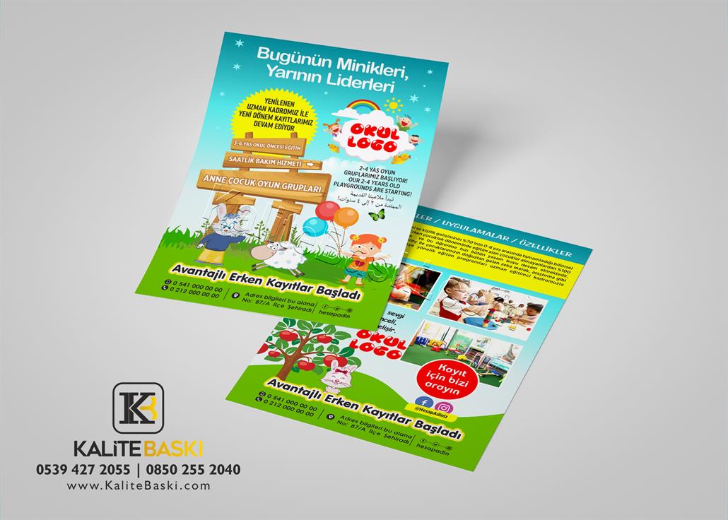 kreş, anaokulu, okul, eğitim broşür tasarım örneği